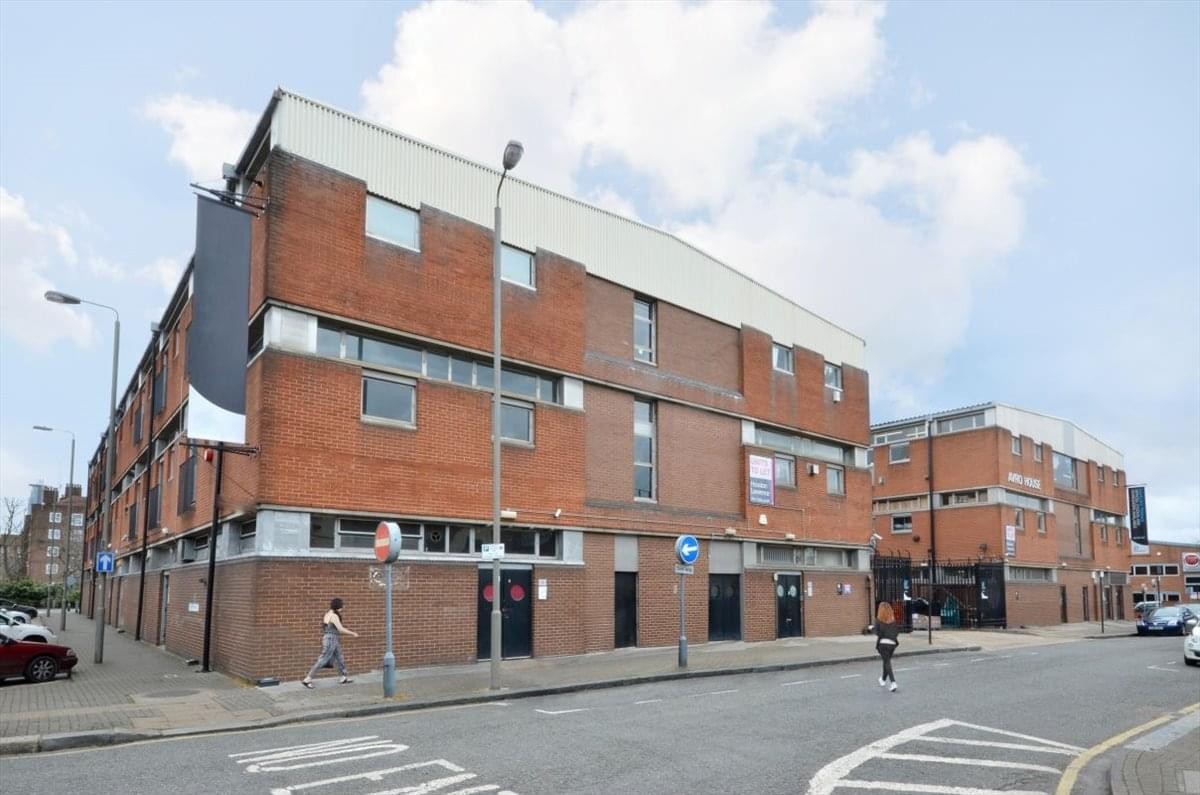 Exterior view of the brick facade at Avro House and Hewlett House.