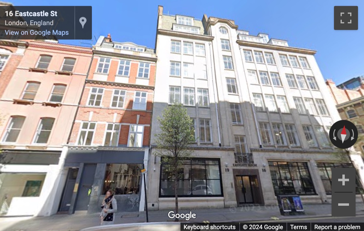 Street View image of 20 Eastcastle Street, Central London, W1W, UK