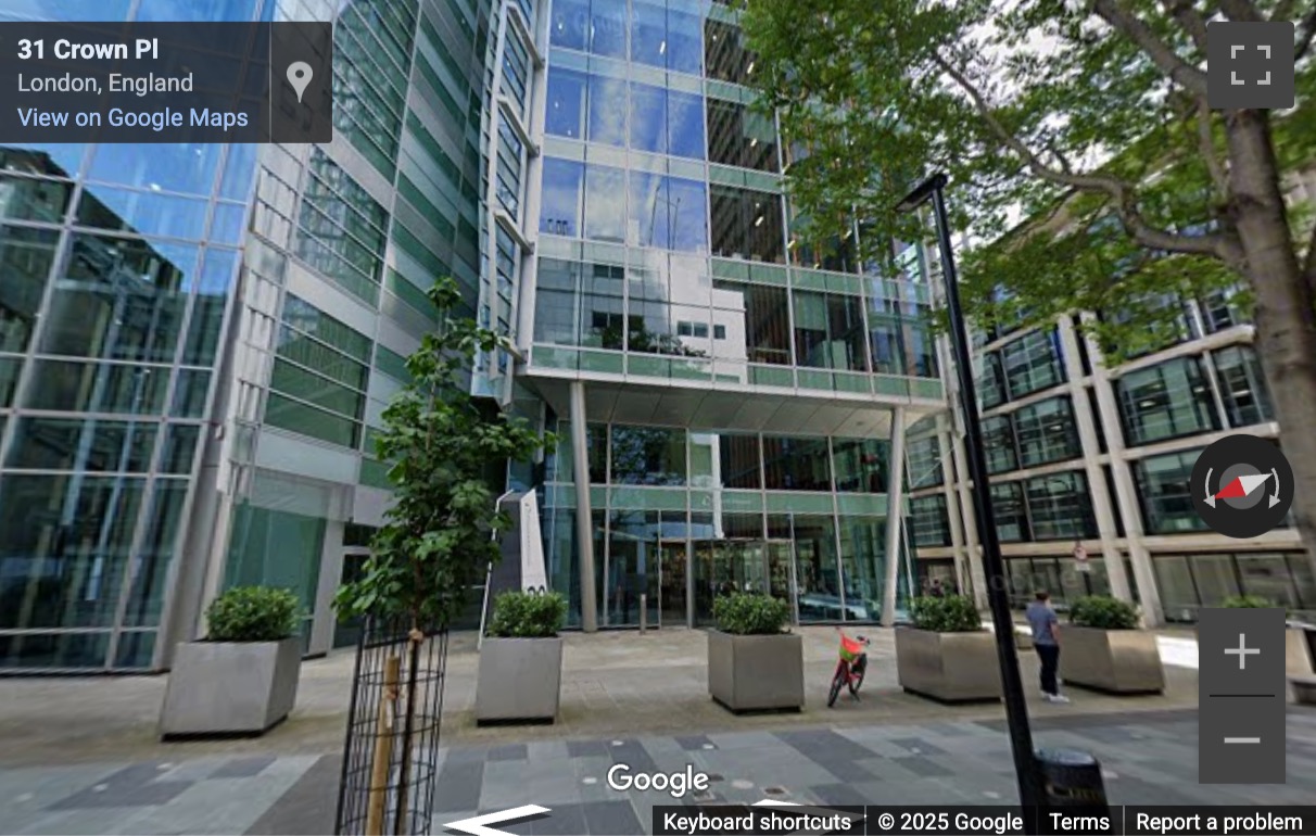 Street View image of 30 Crown Place, Central London, EC2A, UK
